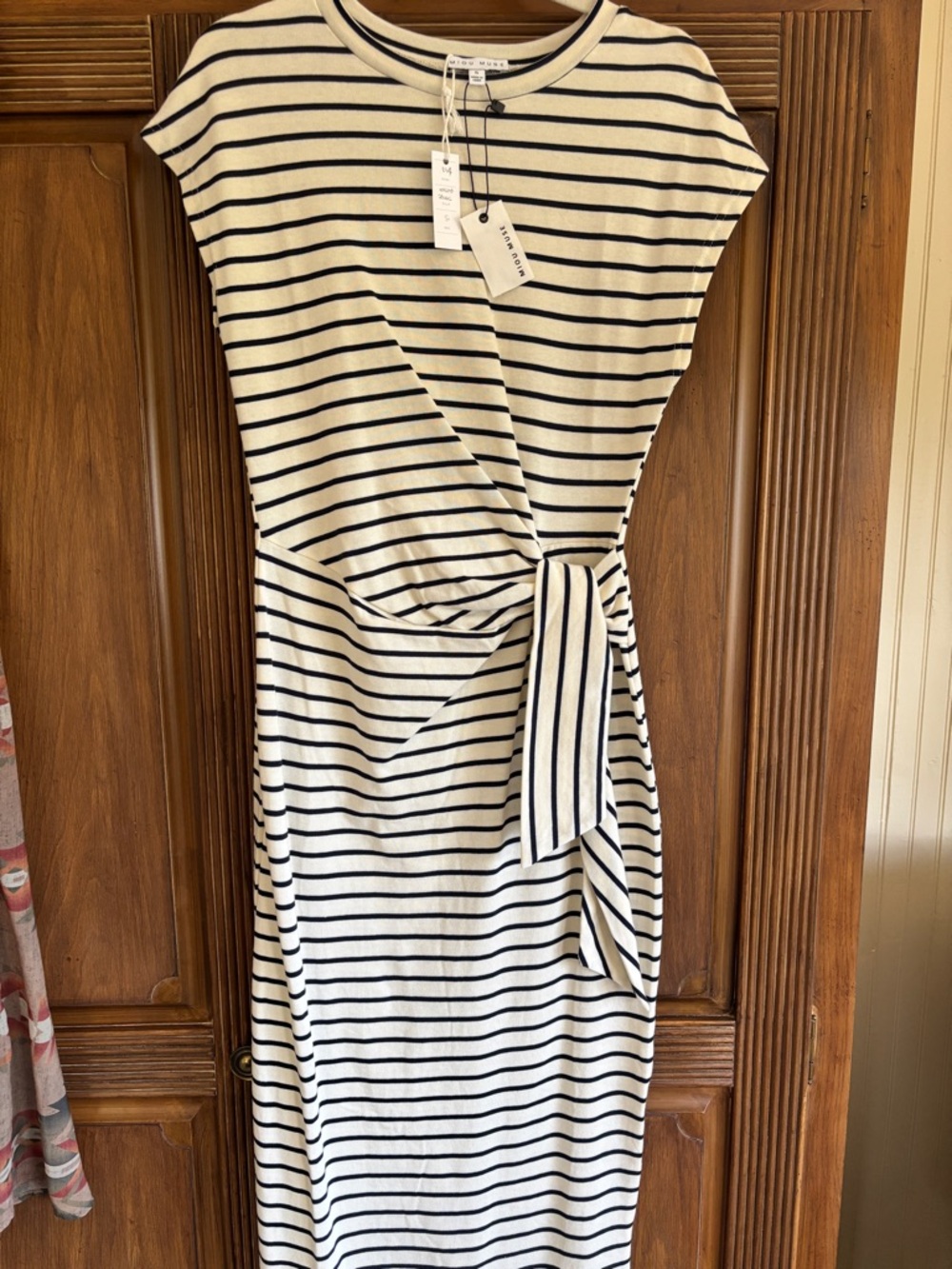 Striped Tie-Waist Midi Dress in White and Navy by Miou Muse